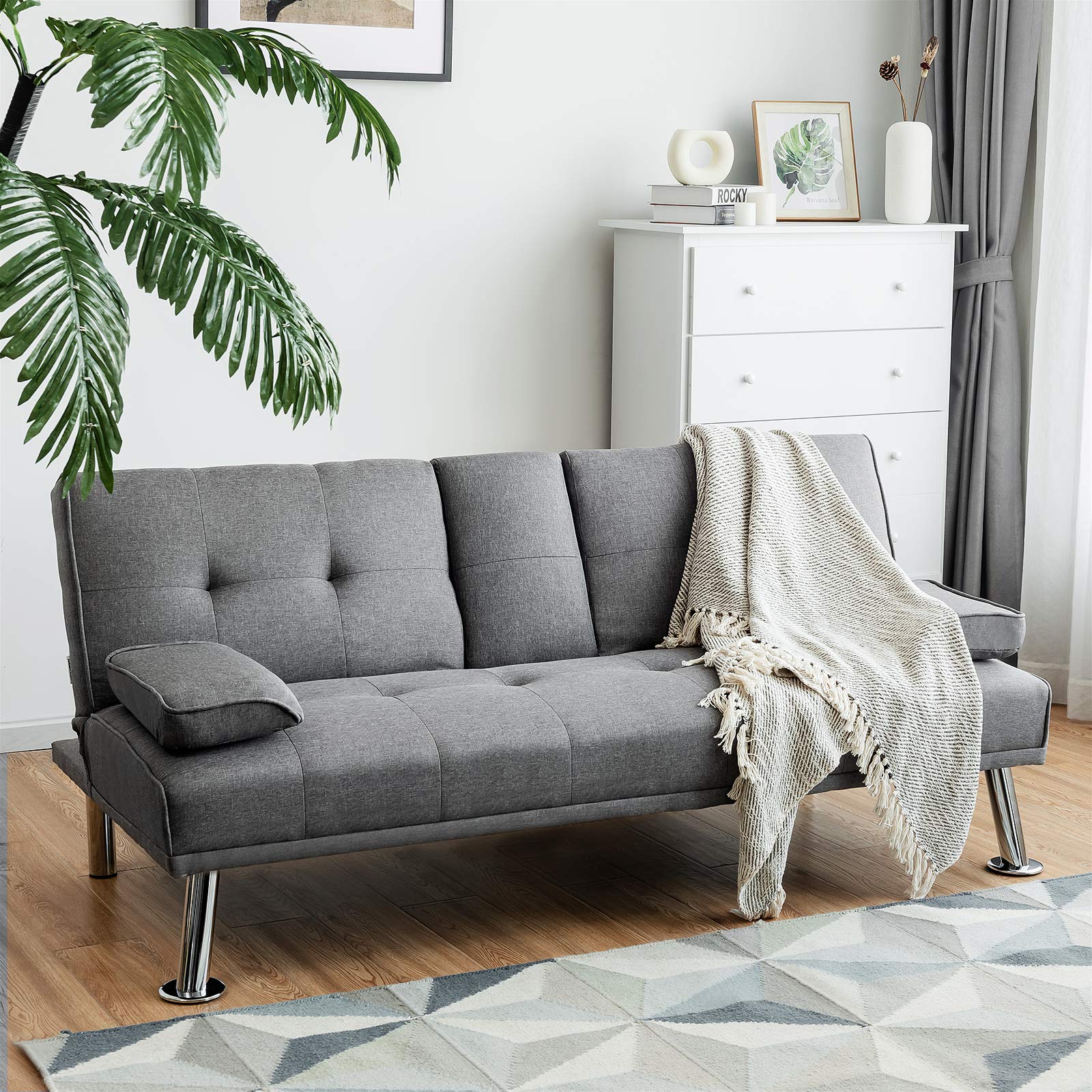 Moccha Folding Futon Sofa Bed - Full Size Convertible Couch with Metal Legs & Linen Upholstery | Space Saving Sleeper Sofa for Small Apartments, Dorms, Guest Rooms & Home Offices (Grey)