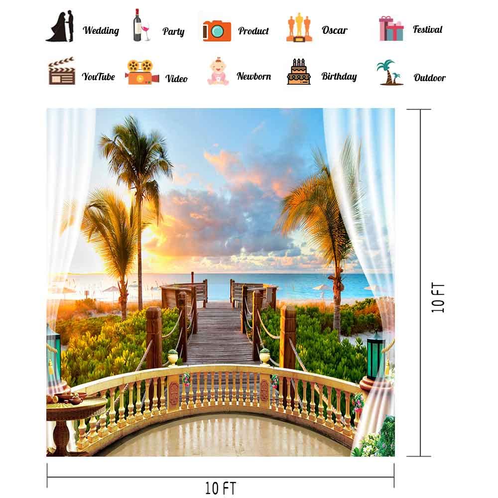 10x10ft Extra Large Tropical Beach Backdrop - Ocean Sunset Sea View Photography Background for Wedding, Birthday Party, Balcony Decor - Vinyl Backdrop BJLSPH1415 | Perfect for Beach-Themed Events, Photo Shoots & Home Decor