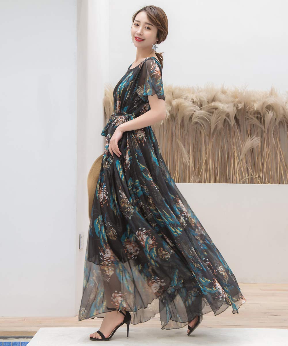 MedeShe Women's Short Sleeve Floral Bohemian Maxi Dress - Summer Beach Dress for Vacation, Party & Casual Wear