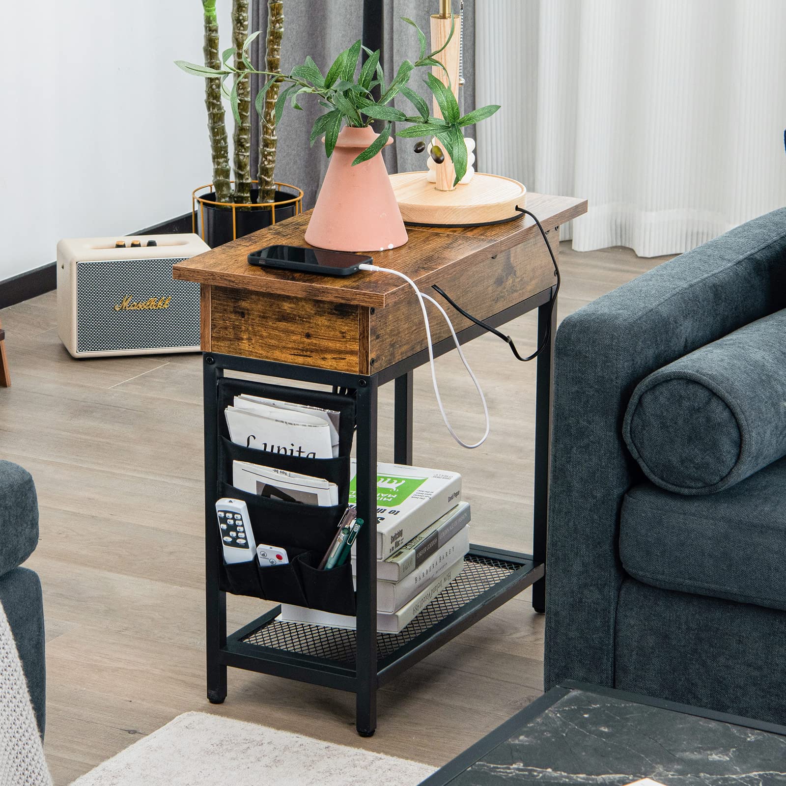 POWERSTONE 2-Piece Side Table Set with Charging Station & USB Ports - Flip Top End Table, Rustic Nightstand with Shelf & Fabric Bags - Narrow Bedside Table for Living Room, Bedroom - Perfect for Small Spaces & Device Charging