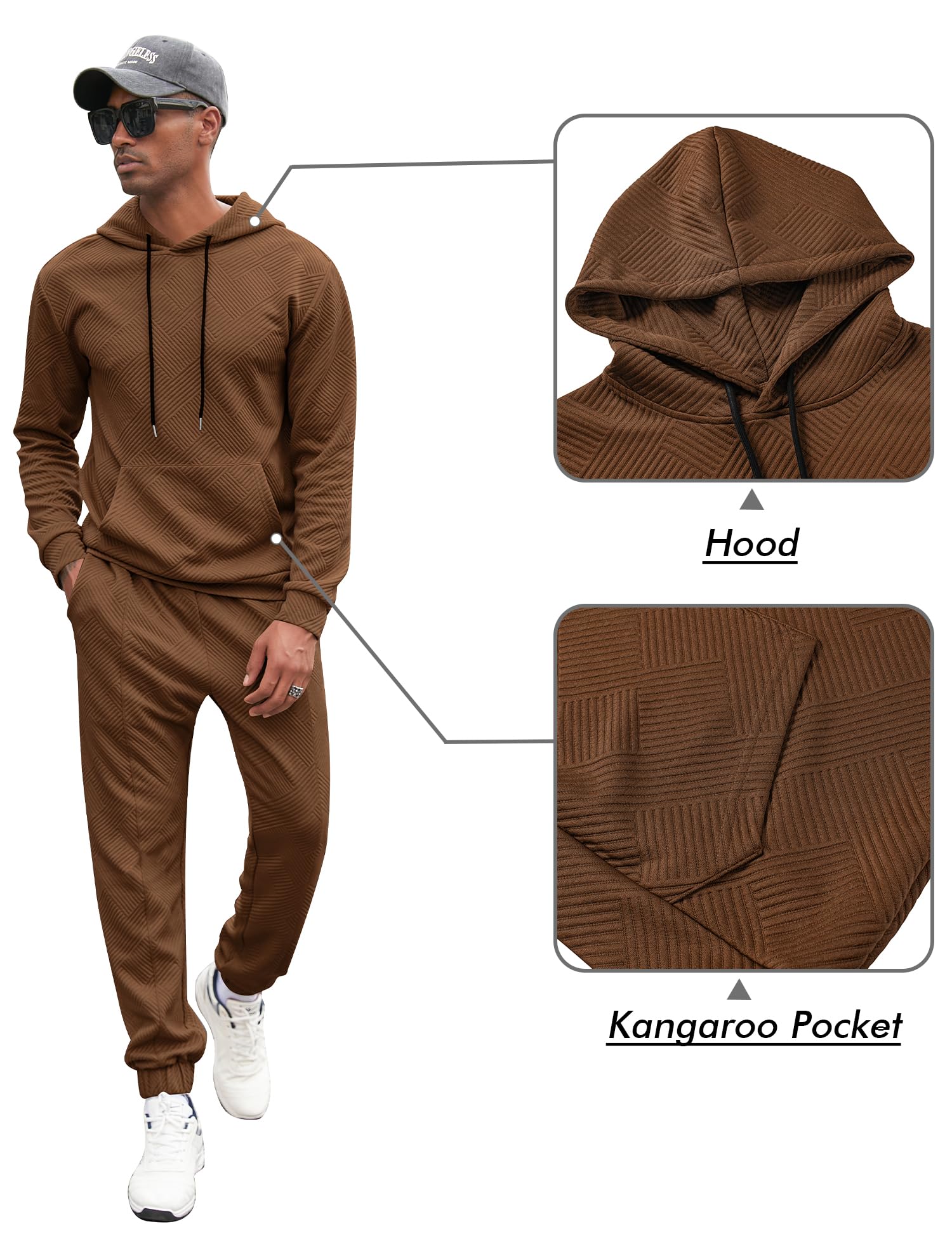 Babioboa Men's 2-Piece Jacquard Sweatsuit Set - Hooded Sweatshirt & Jogger Pants Outfit for Casual Wear, Gym, and Street Style Fashion