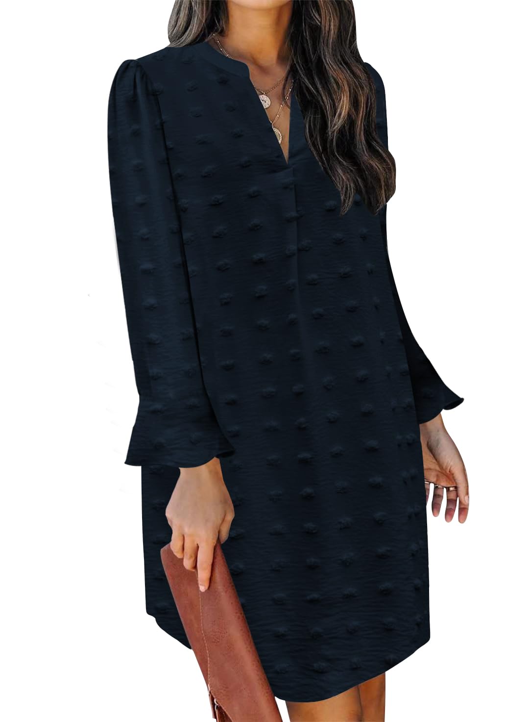 QACOHU Women's Casual V-Neck Long Sleeve Ruffle Dress - Loose Flowy Shift Dress for Spring Summer Autumn Winter | Perfect for Office, Date Night & Special Occasions