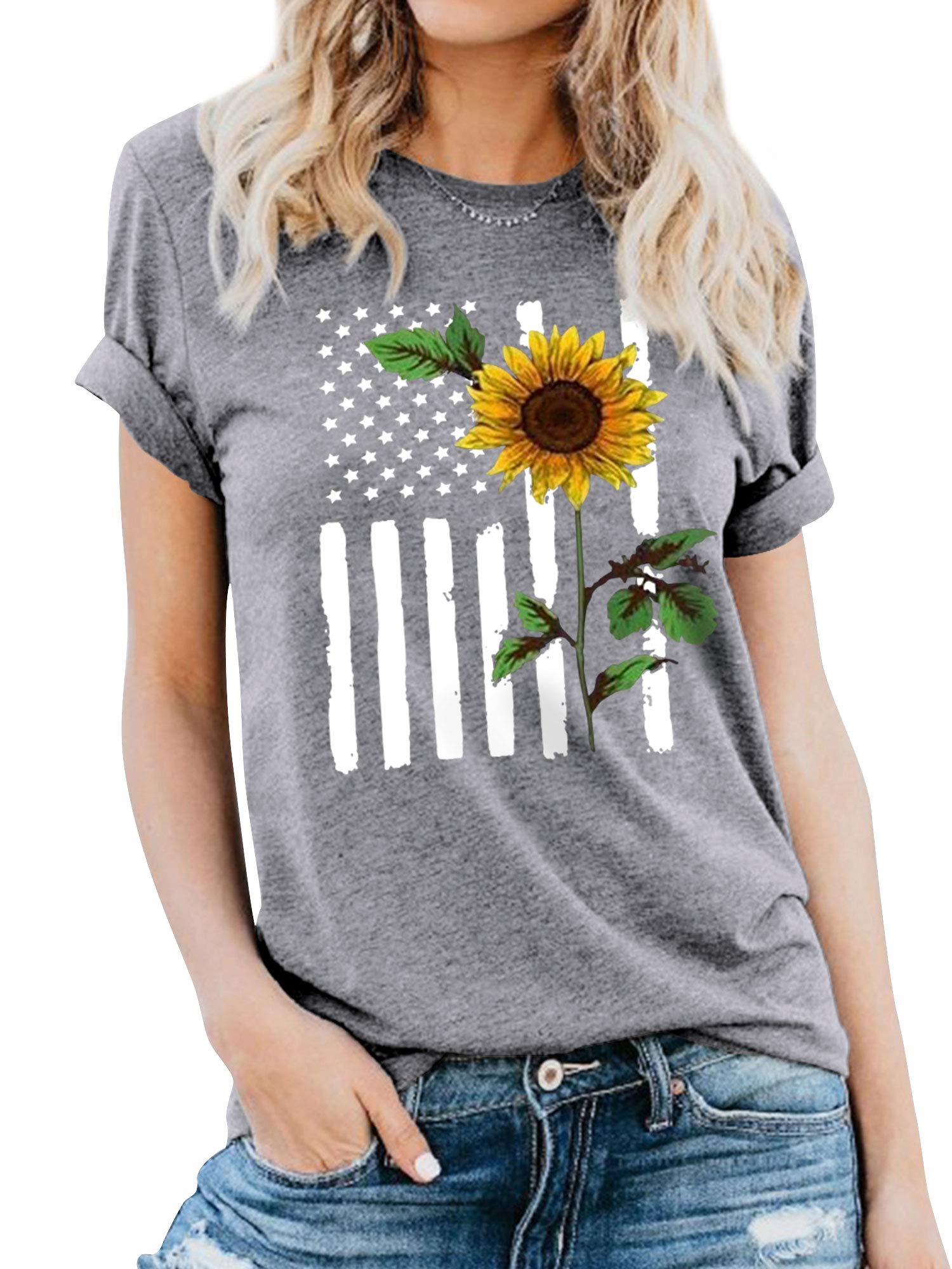 WLLW Women's Sunflower Graphic Tee - American Flag Short Sleeve Summer T-Shirt for Casual Wear, Outdoor Activities & Patriotic Events