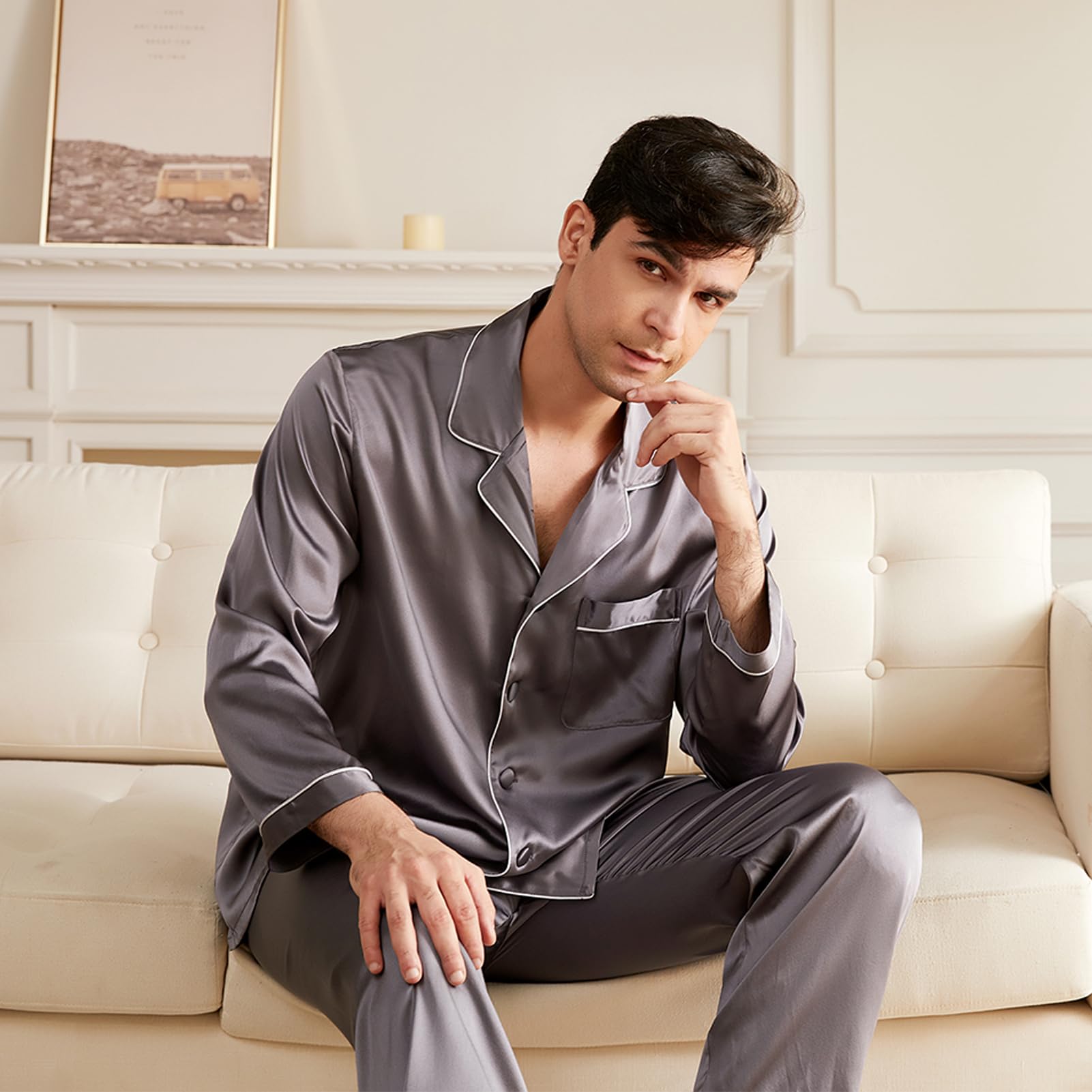 Luxury 19 Momme Mulberry Silk Pajama Set for Men - 2 Piece Long Sleeve Silk Pajamas, Lightweight & Breathable Sleepwear - Perfect for Relaxation, Lounging & Gift Giving