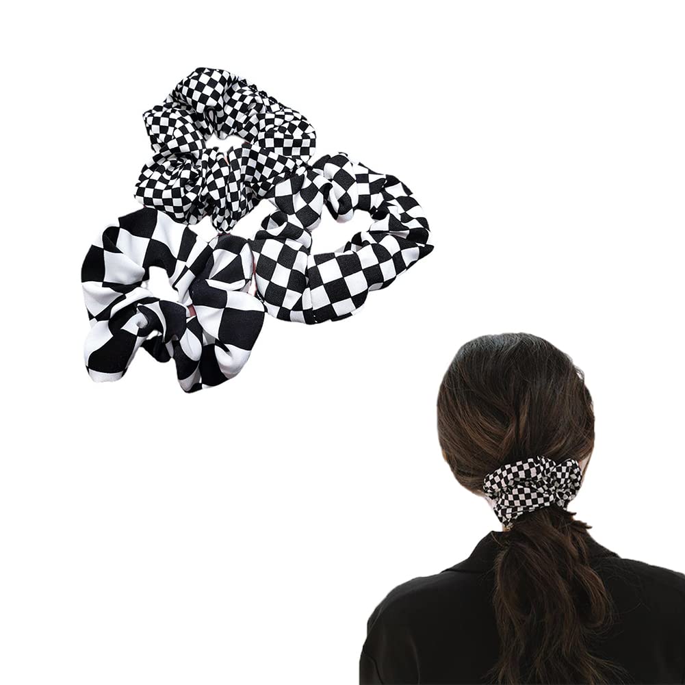 Buffalo Plaid Scrunchies for Women & Girls - Black & White Checkered Elastic Hair Ties | Soft Ponytail Holders & Hair Accessories for School, Work & Everyday Style