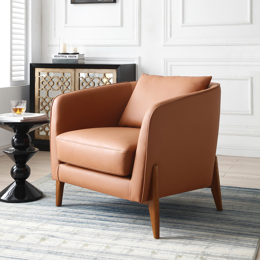 JUNO Lounge Chair in Tan & Walnut - Modern Mid-Century Accent Chair for Living Room, Bedroom, or Office - Comfortable Upholstered Lounge Seating with Walnut Wood Legs