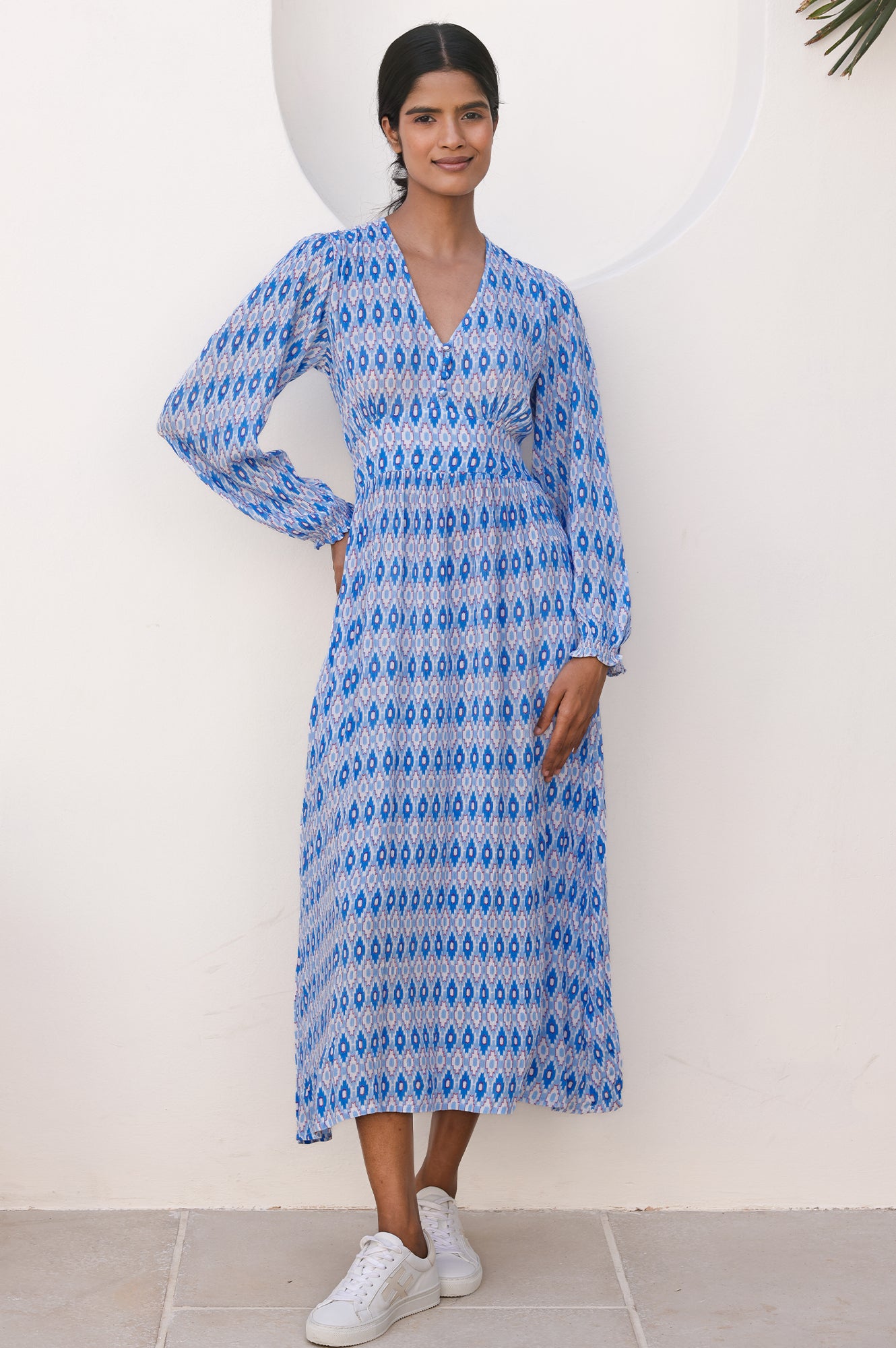 Camila Dress - Aztec Print Light Blue & Red Floral Maxi Dress for Women | Boho Chic Summer Dress for Beach, Vacation & Casual Wear