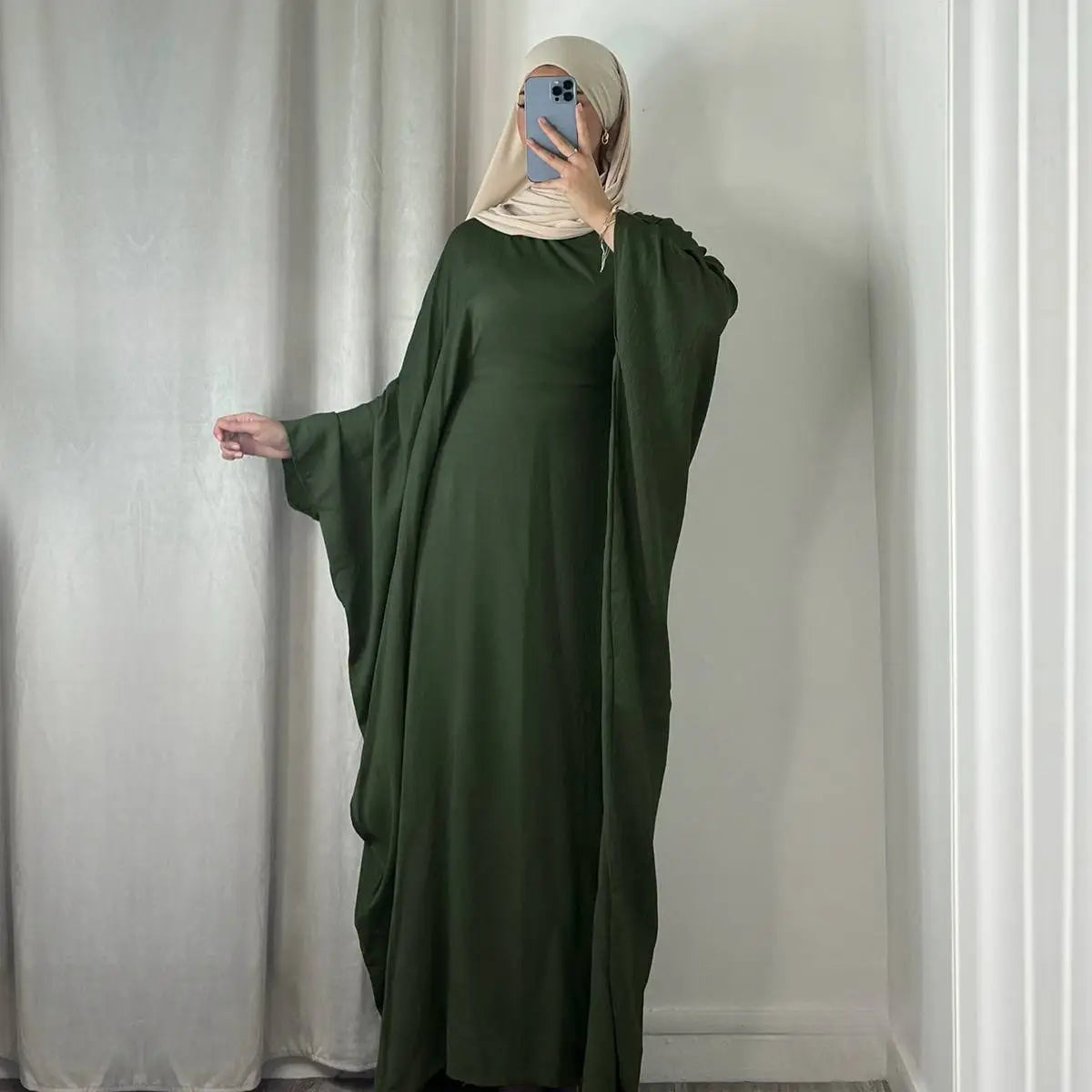 Wrinkle-Free Fabric Batwing Sleeve Farasha Abaya Dress with Inner Belt - Elegant Muslim Women's Prayer Dress for Special Occasions & Daily Wear
