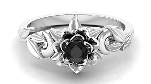 0.25 CT Black Diamond and 14K Solid Gold Floral Ring for Women | April Birthstone Jewelry | 4mm Round Cut Solitaire Engagement Ring | Perfect for Anniversary Gifts, Valentine's Day & Special Occasions