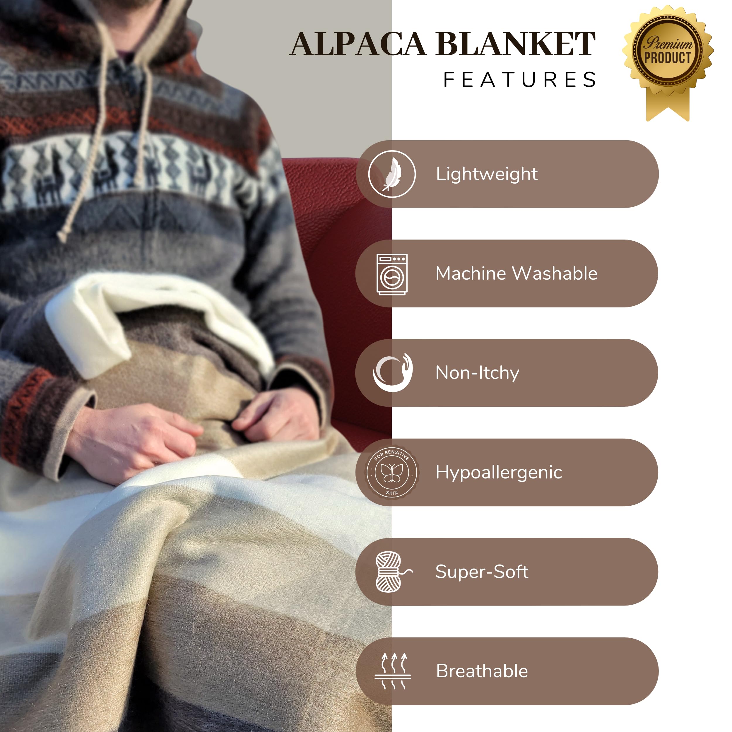 Premium Alpaca Wool Throw Blanket - Ultra Soft & Warm Winter Blanket for Couch, Bed & Travel - Hypoallergenic, Breathable, Non-Itchy Luxury Blanket in Brick Red - Perfect for Cozy Nights, Gifts & Home Decor