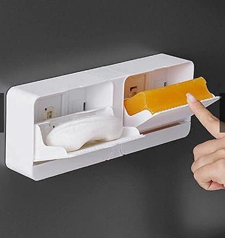 Prexi No-Drill Wall Mounted Soap Holder with Lid - Double Grid Drainage Soap Dish for Bathroom, Kitchen & Laundry - Adhesive Soap Storage Box with Drain Tray - Perfect for Small Spaces, RVs & Apartments