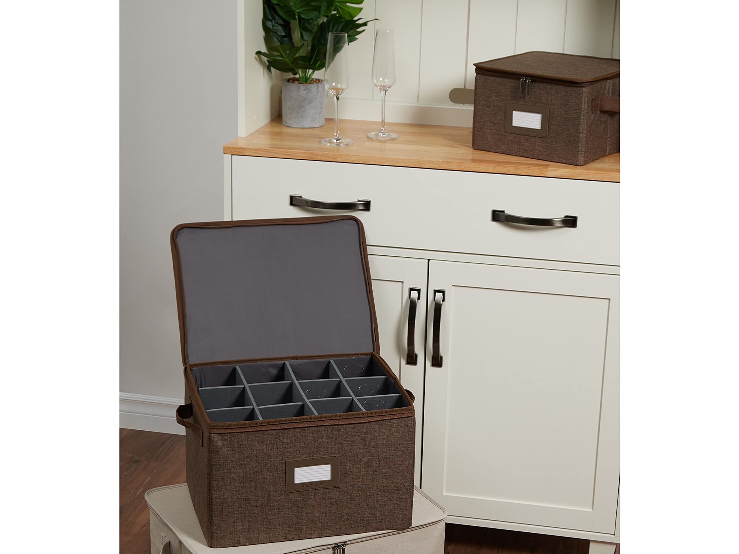 Covermates Keepsakes Dish Storage Box – Stackable Organizer with Reinforced Handles for China & Fine Dining Storage, Brown Heather – Perfect for Kitchen, Dining Room & Holiday Tableware Organization