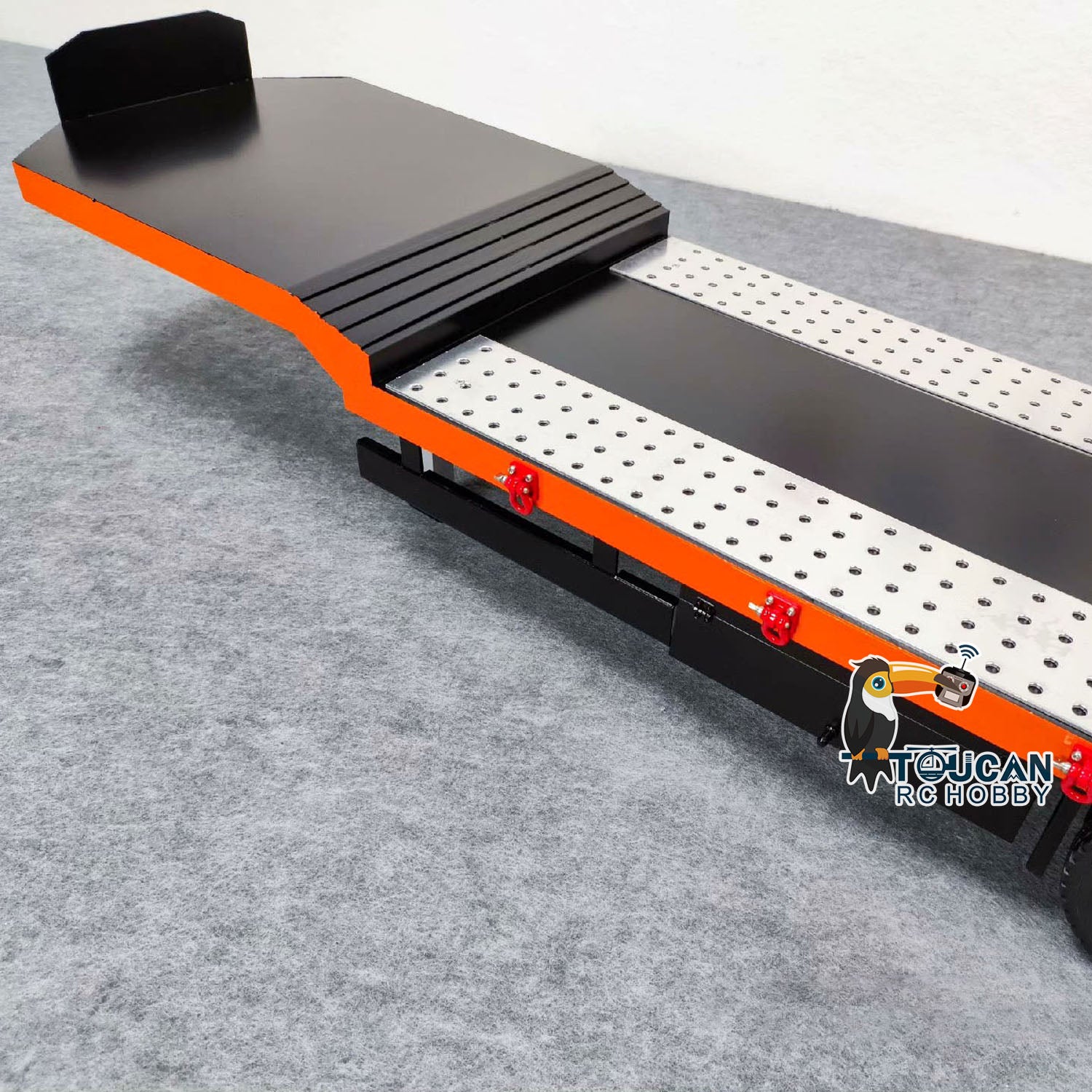 1:14 Scale 4 Axle Metal RC Trailer for Tractor Trucks - Electric Tailgate, Adjustable Legs, Pre-Painted & Assembled DIY Model - Perfect for RC Car Enthusiasts & Collectors