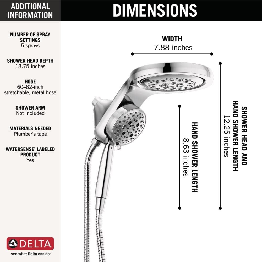 Delta Faucet HydroRain 5-Spray H2Okinetic Dual Shower Head with Handheld Spray - Chrome Shower Head with Hose, 1.75 GPM Flow Rate, Lumicoat Chrome Finish (Model 58680-PR) - Perfect for Bathroom Renovation, Spa-Like Shower Experience & Water Conservation