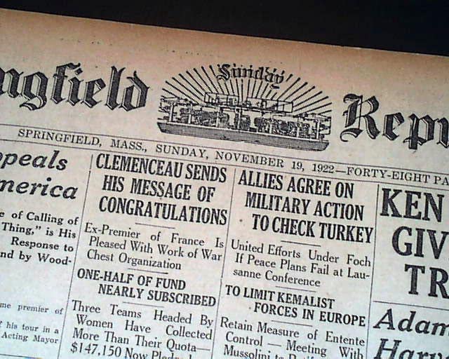 Original 1922 SPRINGFIELD REPUBLICAN Newspaper - MEHMED VI & Abolition of Ottoman Empire Sultanate | Historic Collectible for History Buffs & Antique Newspaper Collectors - Perfect for Framing & Display in Home Libraries or Museums