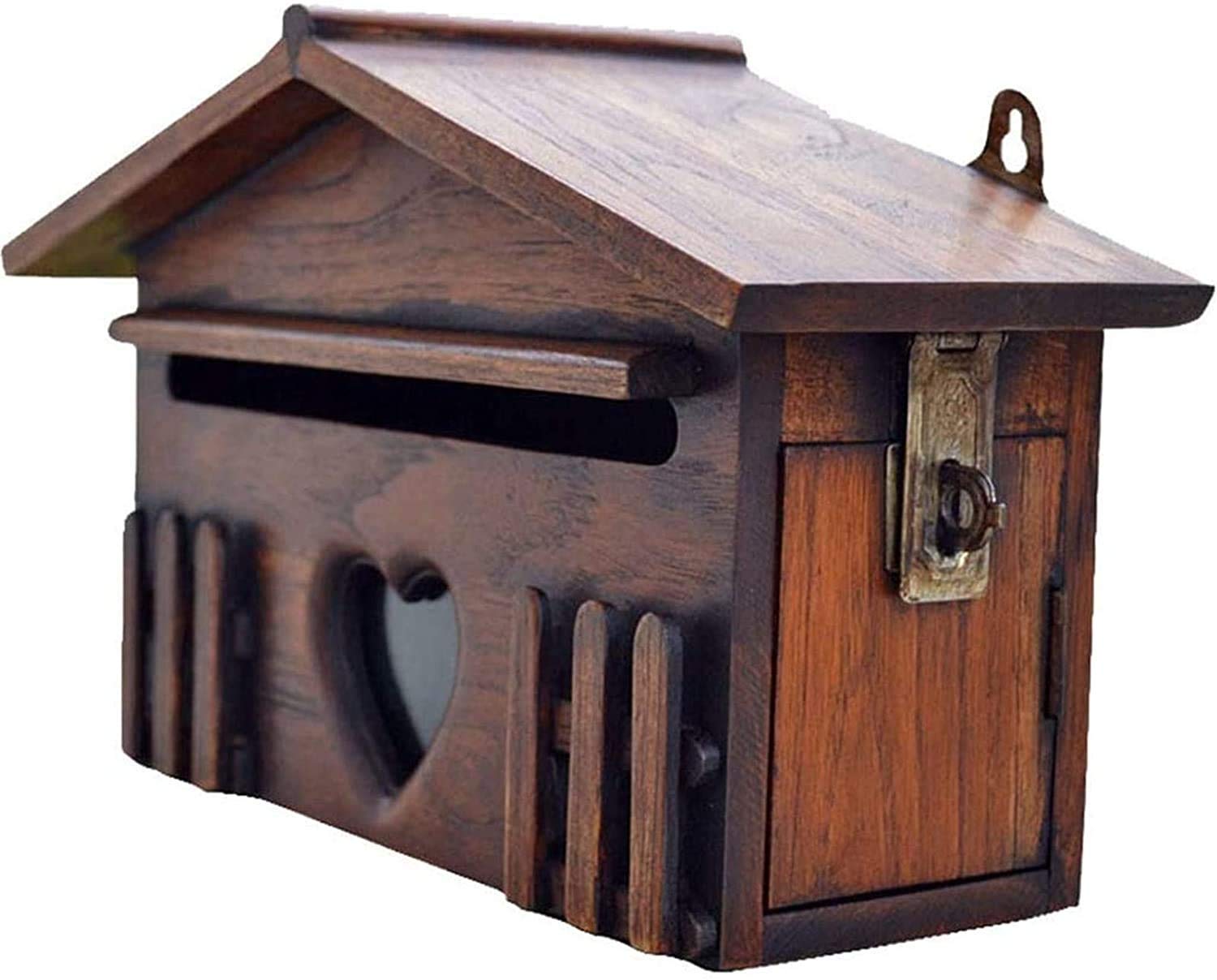 Vintage Wall Mount Lockable Mailbox - Outdoor Wooden Rainproof Post Box with Key for Villa, Apartment & Home - Secure Parcel & Letter Drop Box for Newspapers, Packages & Mail Delivery (Ideal for Front Door, Garden & Patio)