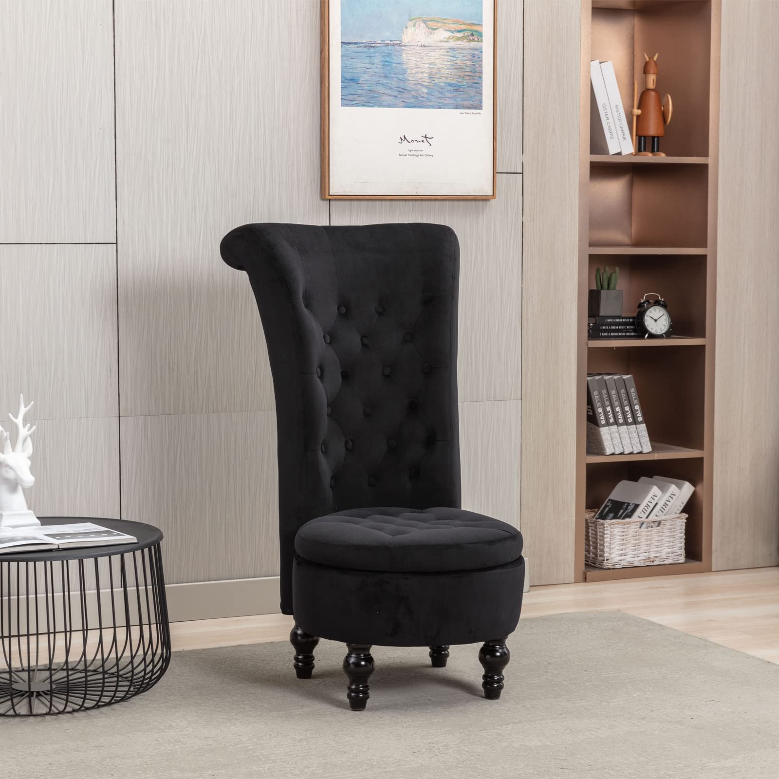 Luxury High Back Velvet Accent Chair with Storage - Modern Throne Style Upholstered Seat with Wooden Legs for Bedroom, Living Room & Dressing Area (Black) - Perfect for Reading Nooks, Home Offices & Glamorous Decor