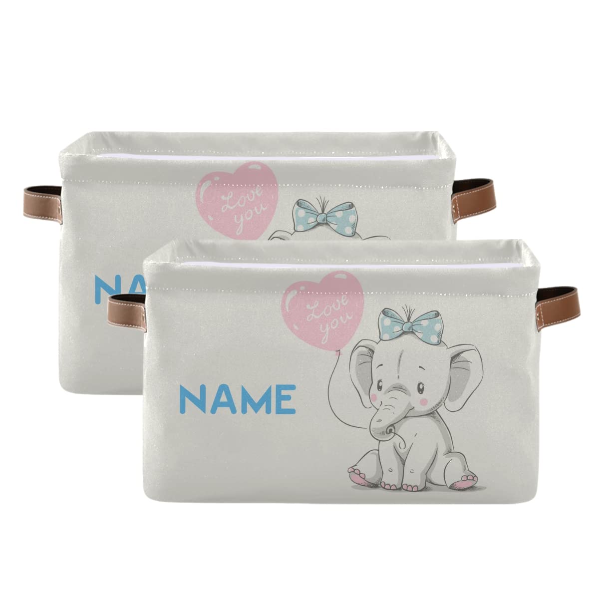 TSENQUE Personalized Large Storage Bins with Custom Name - Cute Elephant Balloon Design Foldable Clothes Organizer Basket for Bedroom, Nursery & Closet Organization