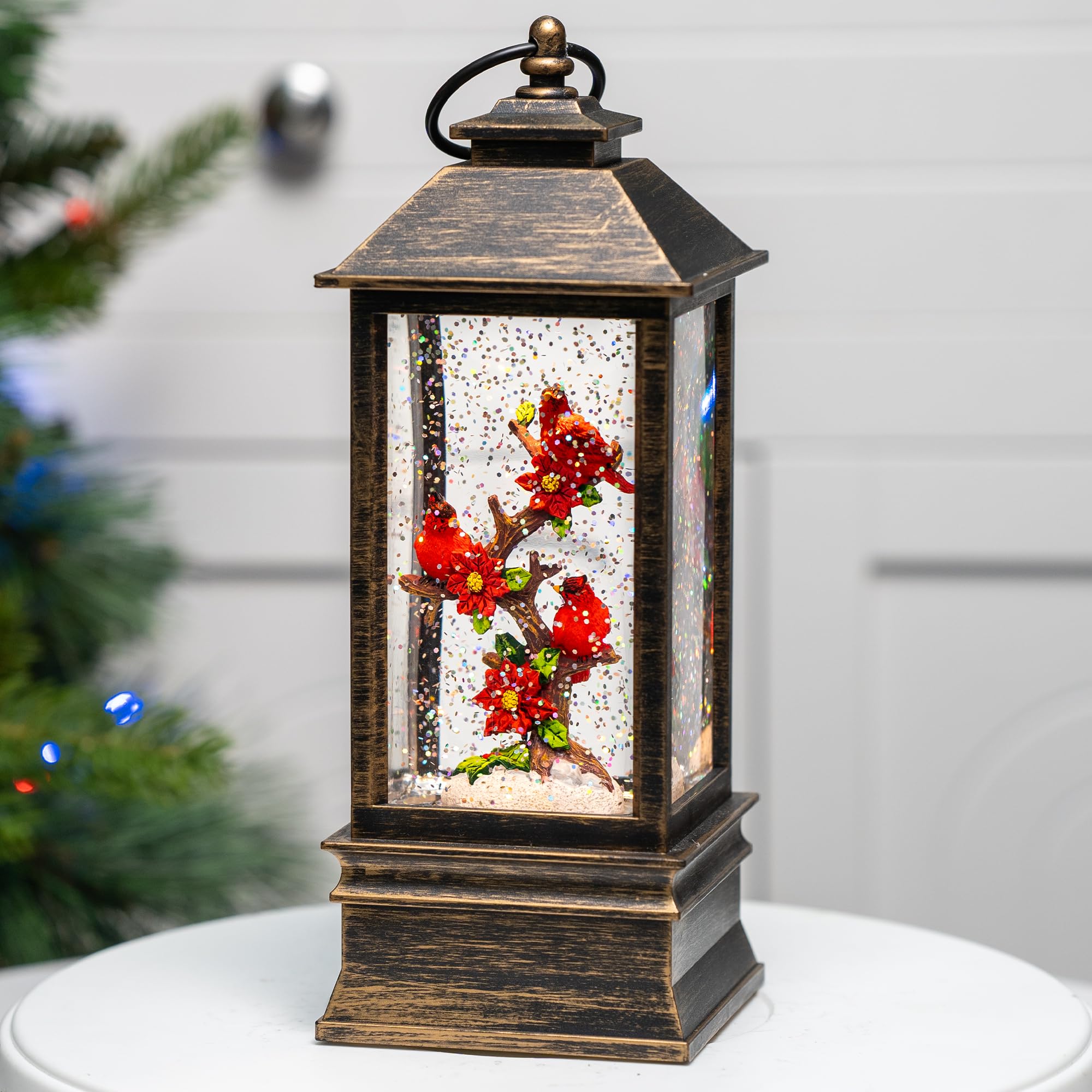 Christmas Snow Globe Lantern with Cardinal - Musical 6H Timer USB/Battery Operated Lighted Decor for Home, Holiday & Festival - Perfect for Christmas Tree Decorations, Gift Giving & Winter Home Accents