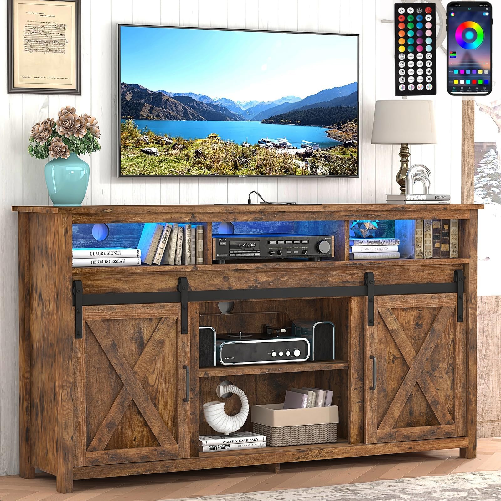 Vinctik 57 Inch Farmhouse TV Stand with Sliding Barn Doors - Rustic Wood Entertainment Center for 60-65 Inch TVs - Double Layer Storage & Built-in Power Outlets - Perfect for Living Room, Bedroom & Home Theater Setup