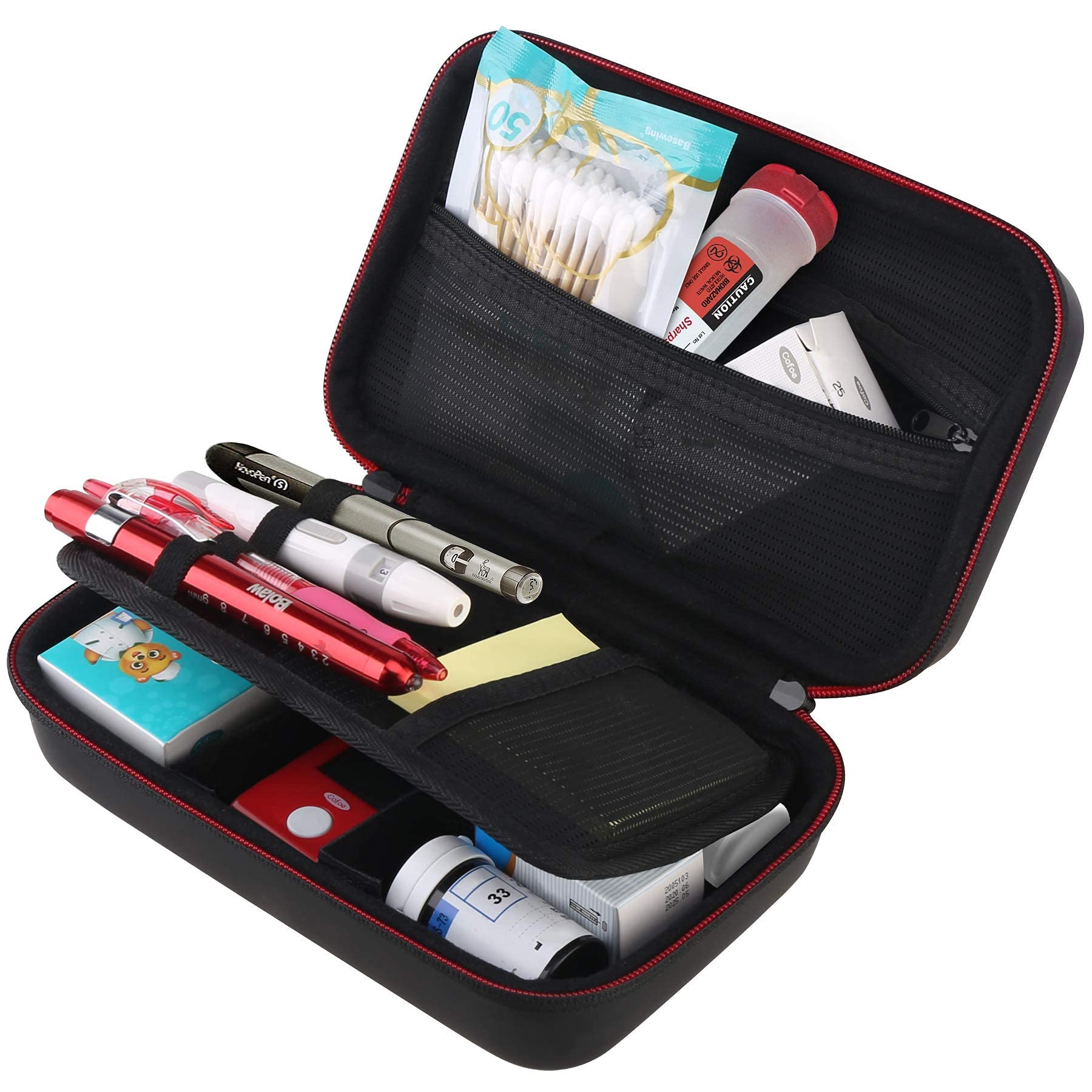 BOVKE Diabetic Travel Organizer Case - Portable Storage for Glucose Meter, Insulin Pens, Test Strips, Lancets & Diabetic Supplies - Compact Black Medical Kit Bag for Travel, Home & Daily Use
