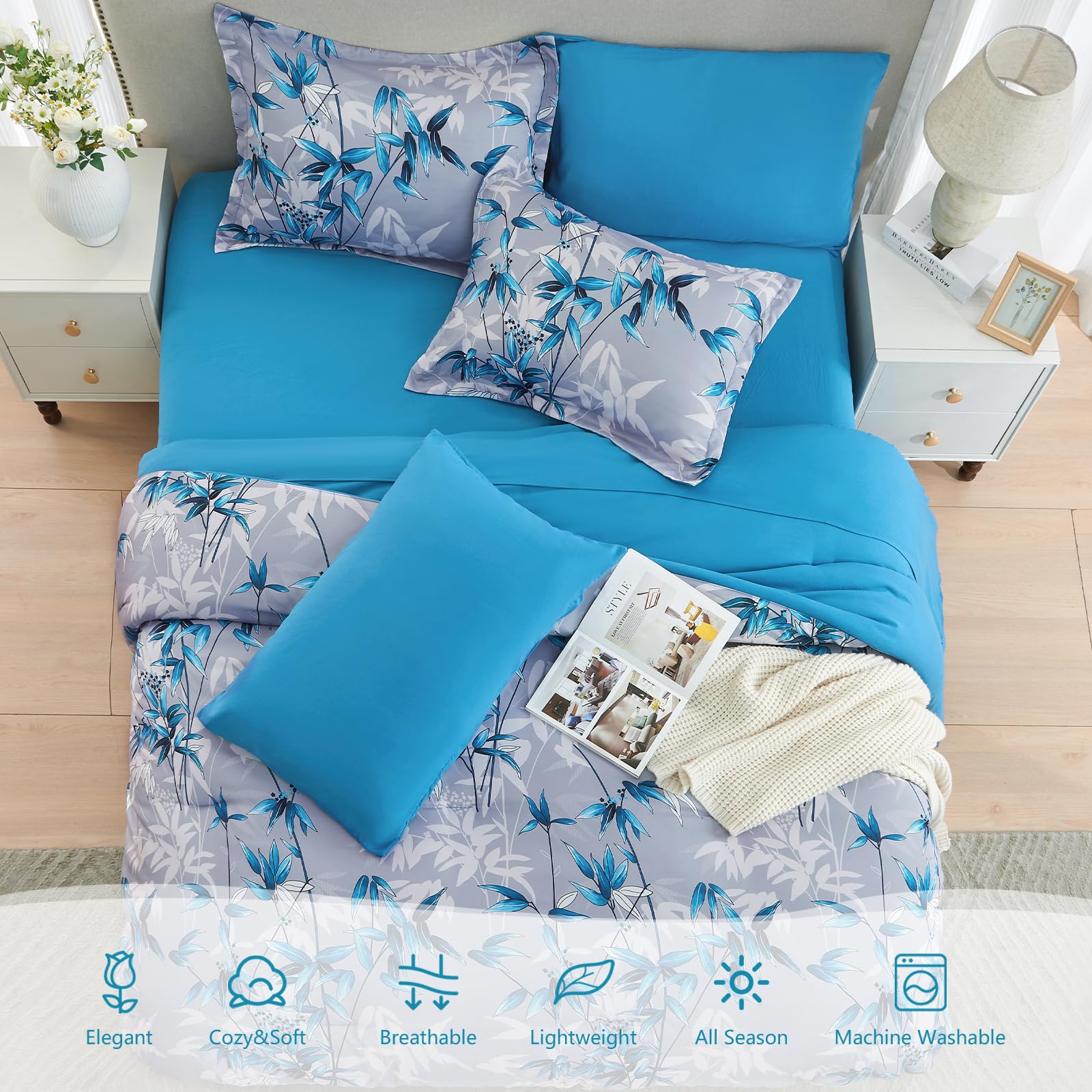 Premium 7-Piece Queen Comforter Set - Soft Lightweight Botanical Leaf Pattern Bedding with Comforter & Sheets | All-Season Blue Bed in a Bag | Perfect for Master Bedroom, Guest Room & Dorm Decor