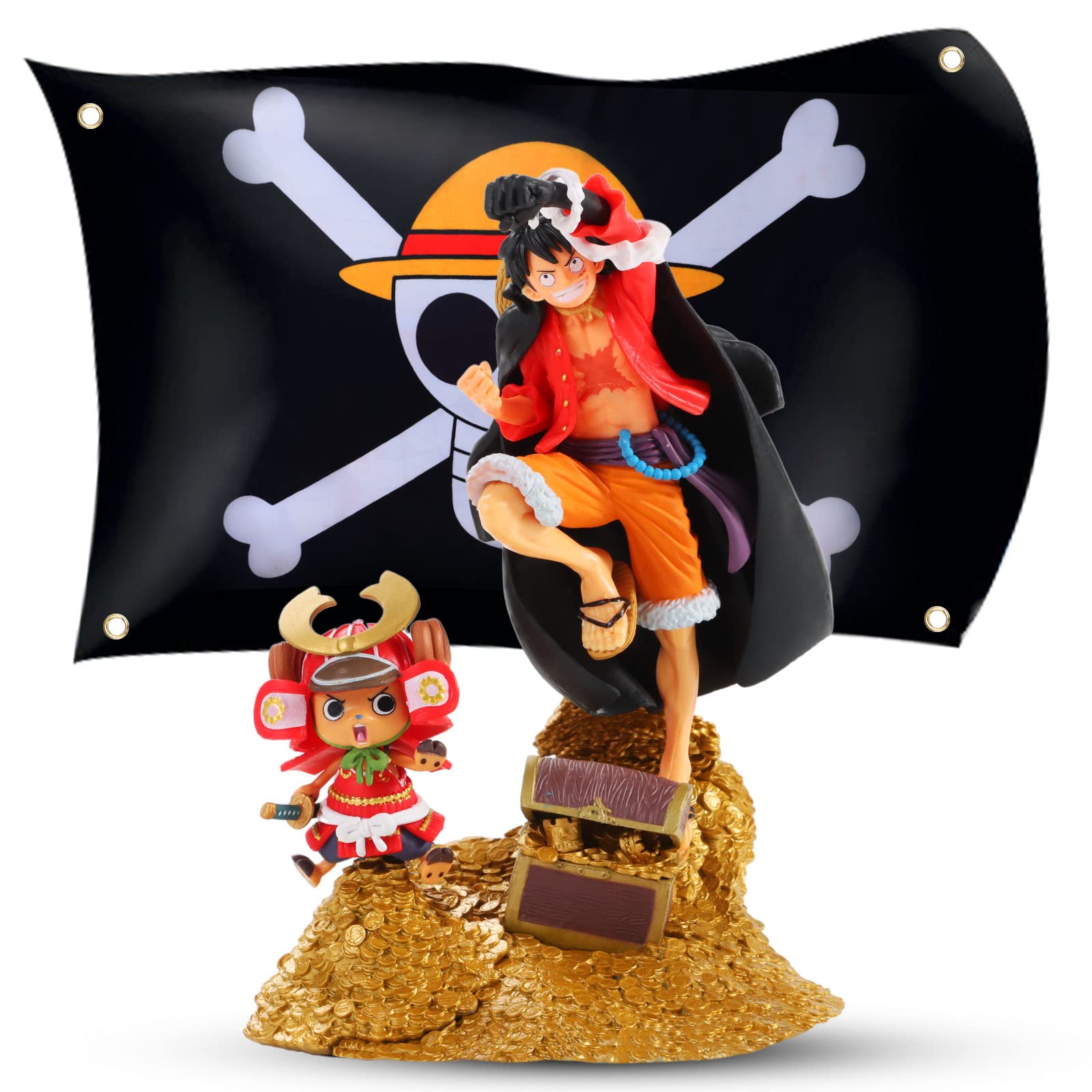 One Piece Luffy Action Figure Collectible Set with Pirate Flag - Perfect for Anime Fans, Display & Collection | Anime Room Decor, Gift for Anime Lovers