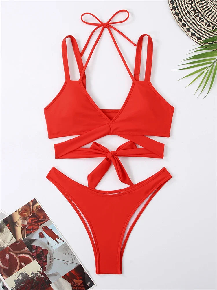 Sexy Women's Bikini Set - Solid Color Sling Lace Up Two Piece Swimwear with Thong Bottom | Perfect for Beach Vacation, Pool Party & Summer Getaways