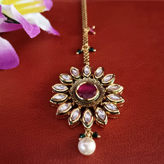 Royal Kundan Maang Tikka Gold Plated Hair Jewelry - Indian Bridal Headpiece for Weddings & Festivals (Design D38)