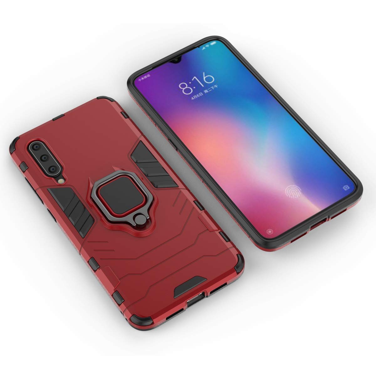 LuluMain Shockproof Hard Bumper Case for Xiaomi Mi 9 - Metal Ring Grip & Kickstand | Compatible with Magnetic Car Mount | Dual Layer Rugged Cover (Red) - Perfect for Daily Protection, Outdoor Activities & Hands-Free Viewing