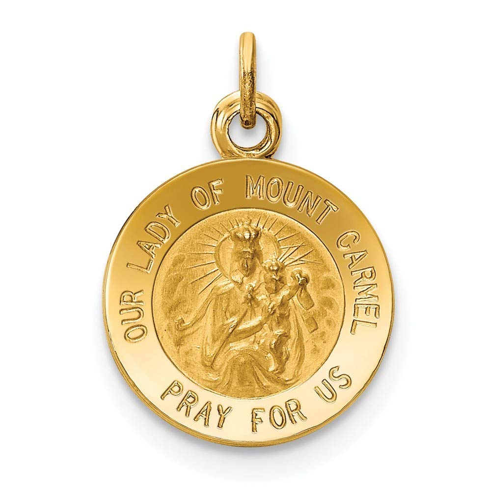 14k Yellow Gold Solid Satin Polished Flat Back Engravable Our Lady of Mt. Carmel Medal Charm Pendant Necklace - 14x14mm Religious Jewelry for Women - Perfect for Baptism, First Communion, Confirmation & Spiritual Gifts
