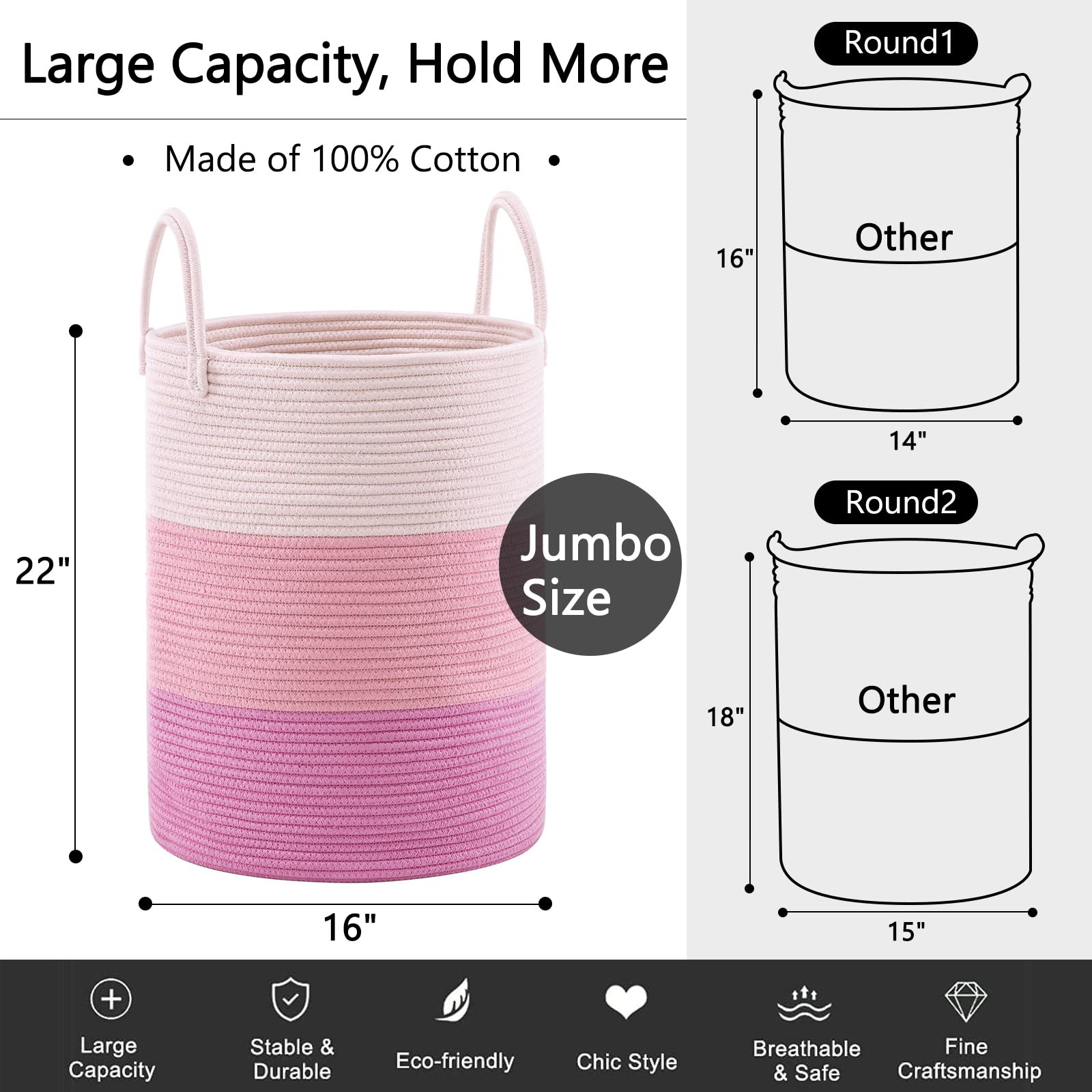 Large Pink Woven Rope Laundry Hamper Basket - 58L Tall Nursery Hamper for Baby Blankets, Clothes Storage & Bedroom Organization - Perfect for Nursery, Dorm Room & Laundry Room Organization