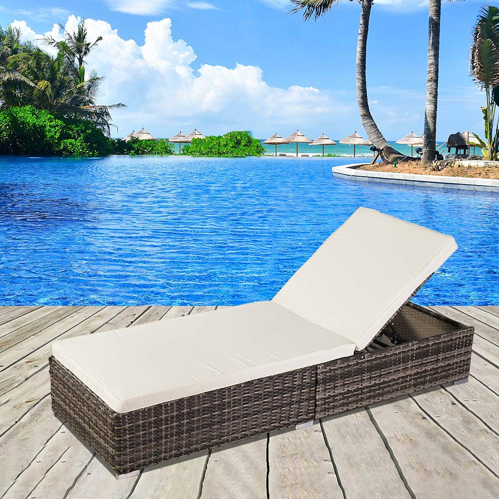 VINGLI Adjustable Wicker Patio Chaise Lounge Chair - All-Weather Rattan Outdoor Daybed with Soft Cushions & Adjustable Backrest - Gray - Perfect for Poolside, Garden, Deck & Patio Relaxation