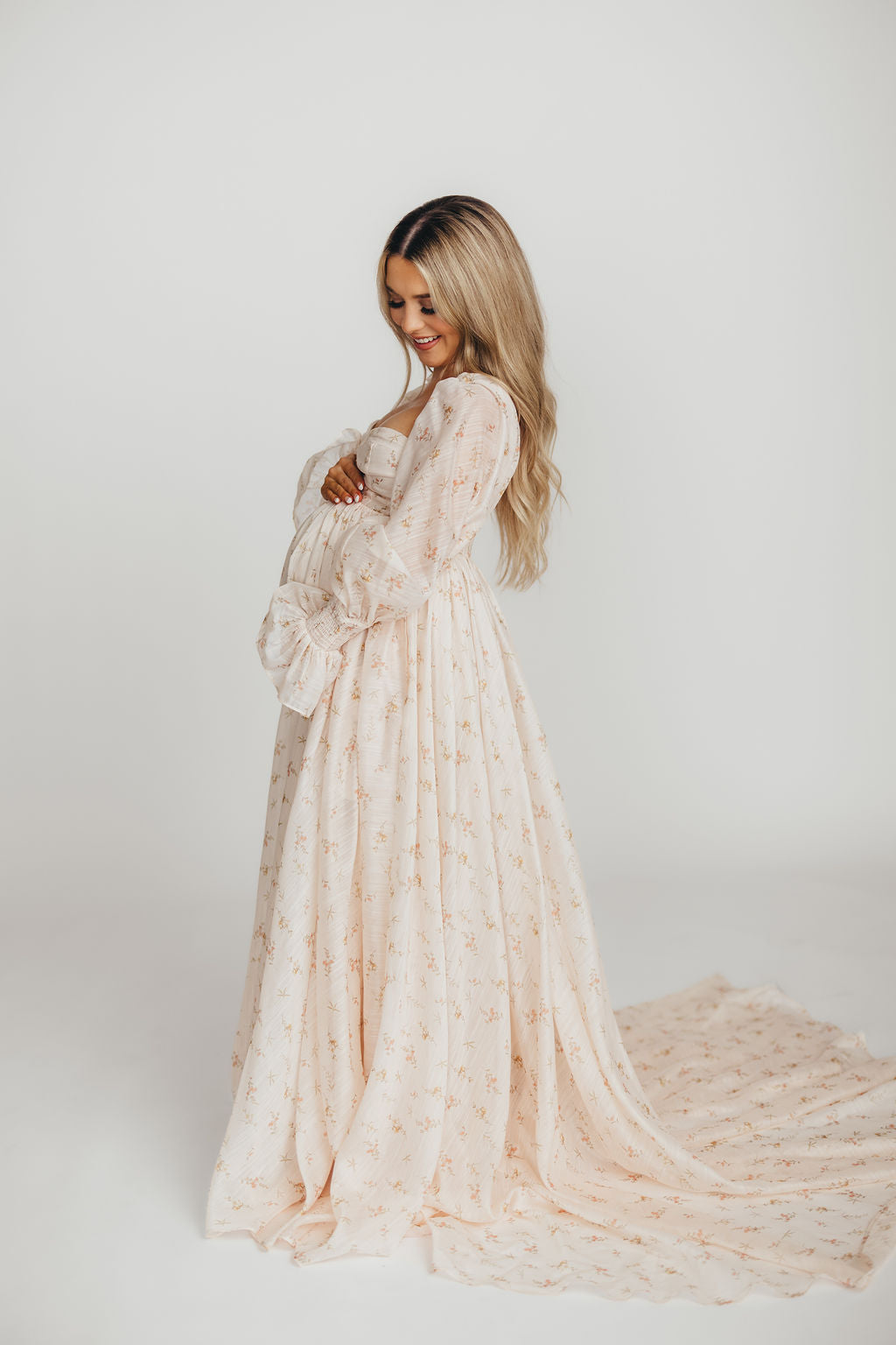 Delilah Maxi Dress with Train in Peach - Bump Friendly Maternity Dress (XS-3XL) for Weddings, Parties & Special Occasions