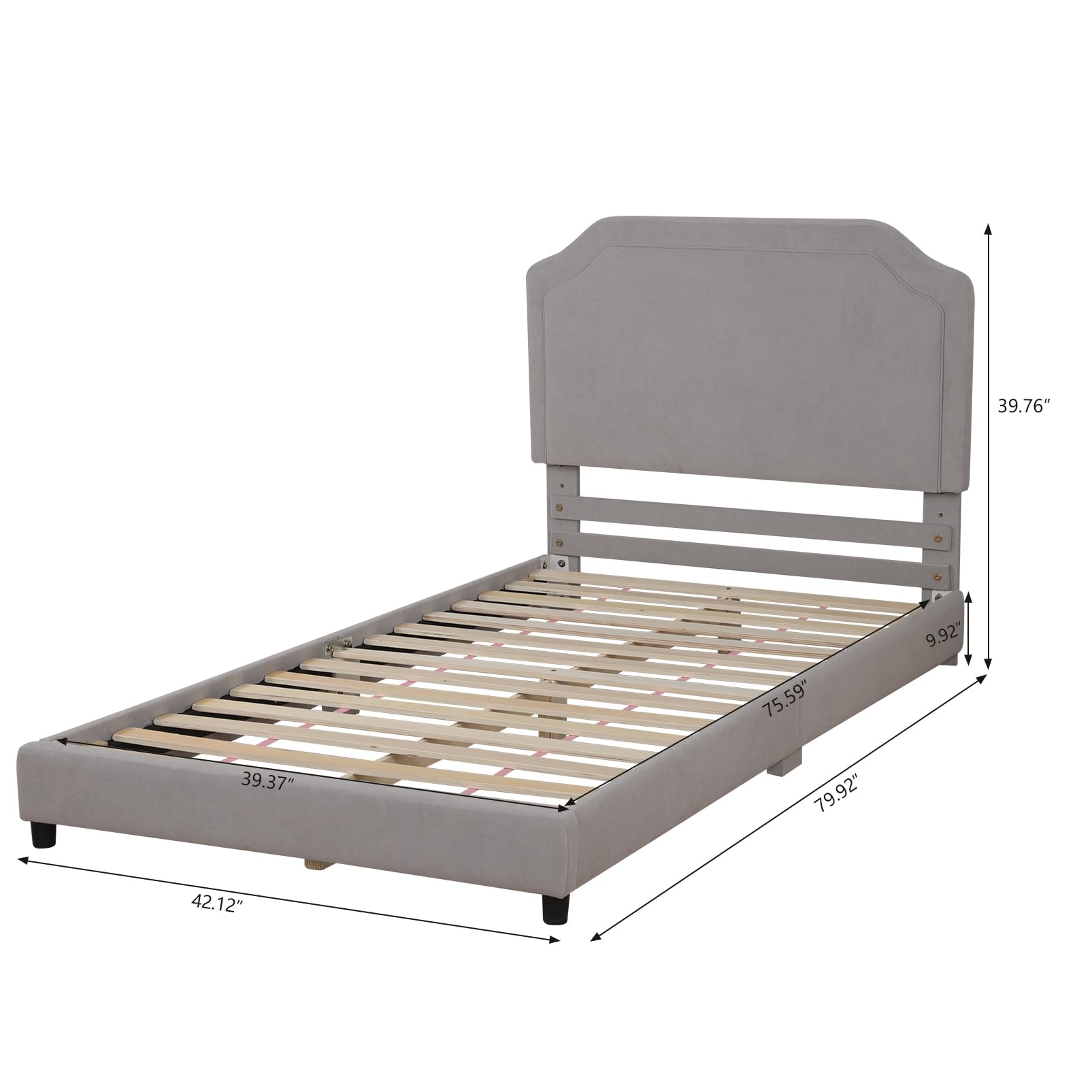 Velvet Upholstered Twin Bed Frame for Kids - Adjustable Wooden Headboard, Soft & Durable Gray Bed for Boys & Girls - Perfect for Bedrooms, Playrooms & Sleepovers