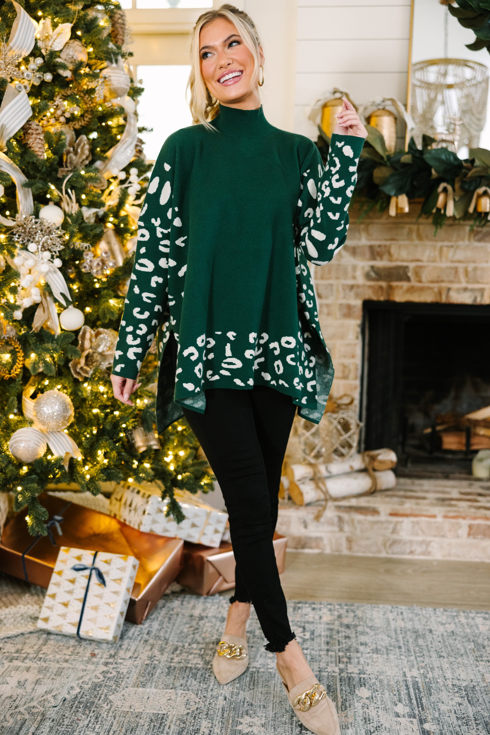 All In Theory Emerald Green Leopard Print Sweater Tunic for Women | Stylish Long Knit Top for Casual Outings, Office Wear & Fall Fashion