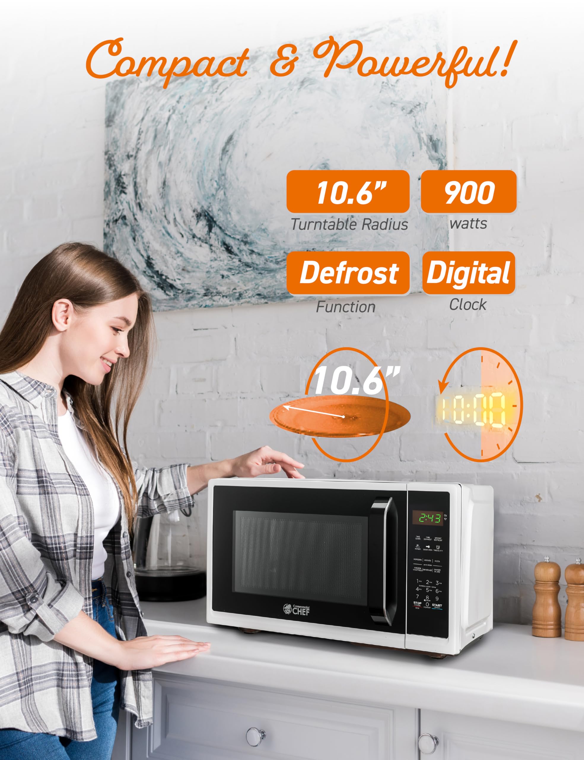 Commercial Chef 0.9 Cu Ft Compact Microwave Oven - 900W Countertop Microwave with 10 Power Levels, Digital Display, Safety Lock & Kitchen Timer - Perfect for Dorms, Offices & Small Kitchens - White