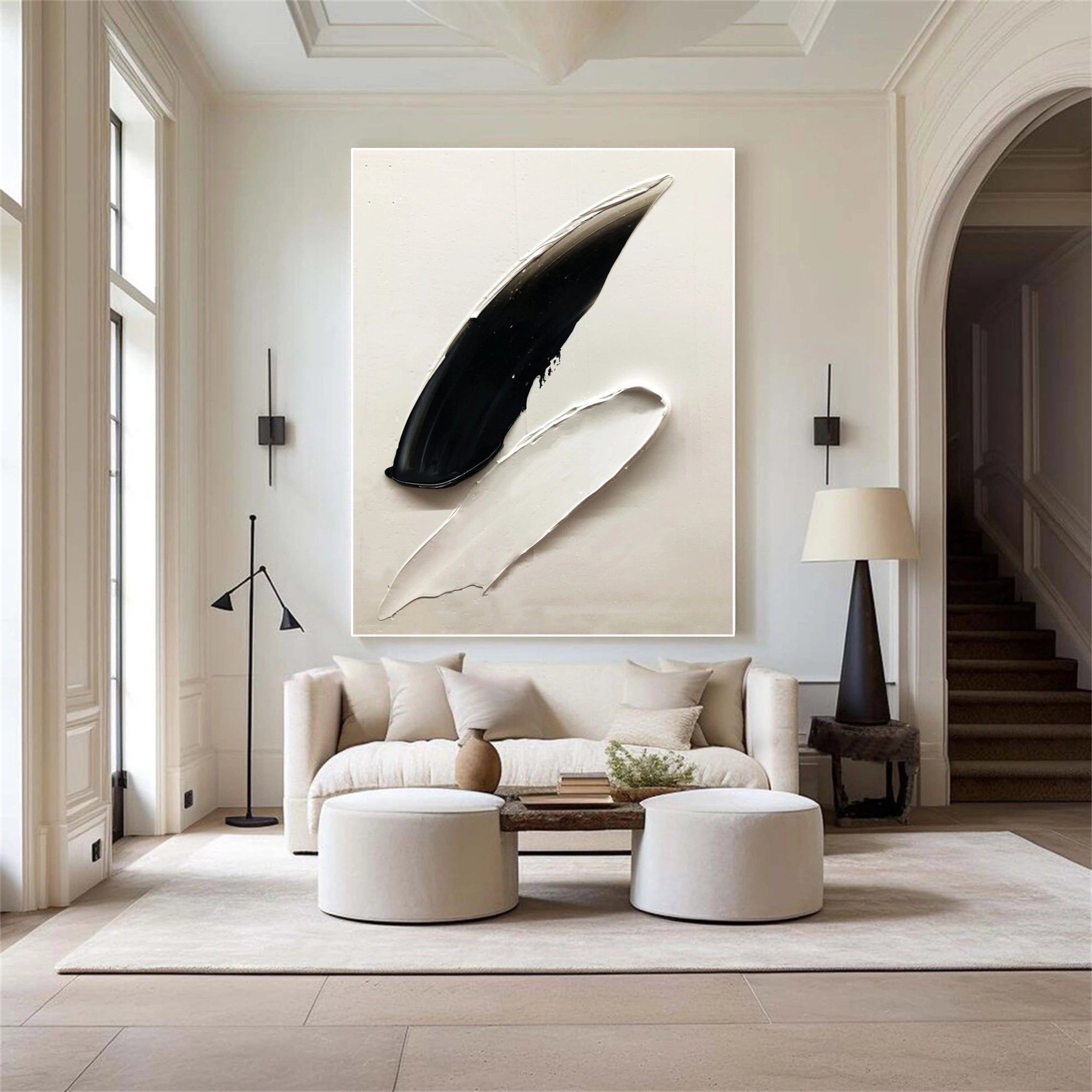 White & Black Minimalist Textured Abstract Painting Canvas Wall Art - Modern Home Decor for Living Room, Bedroom & Office #MM137