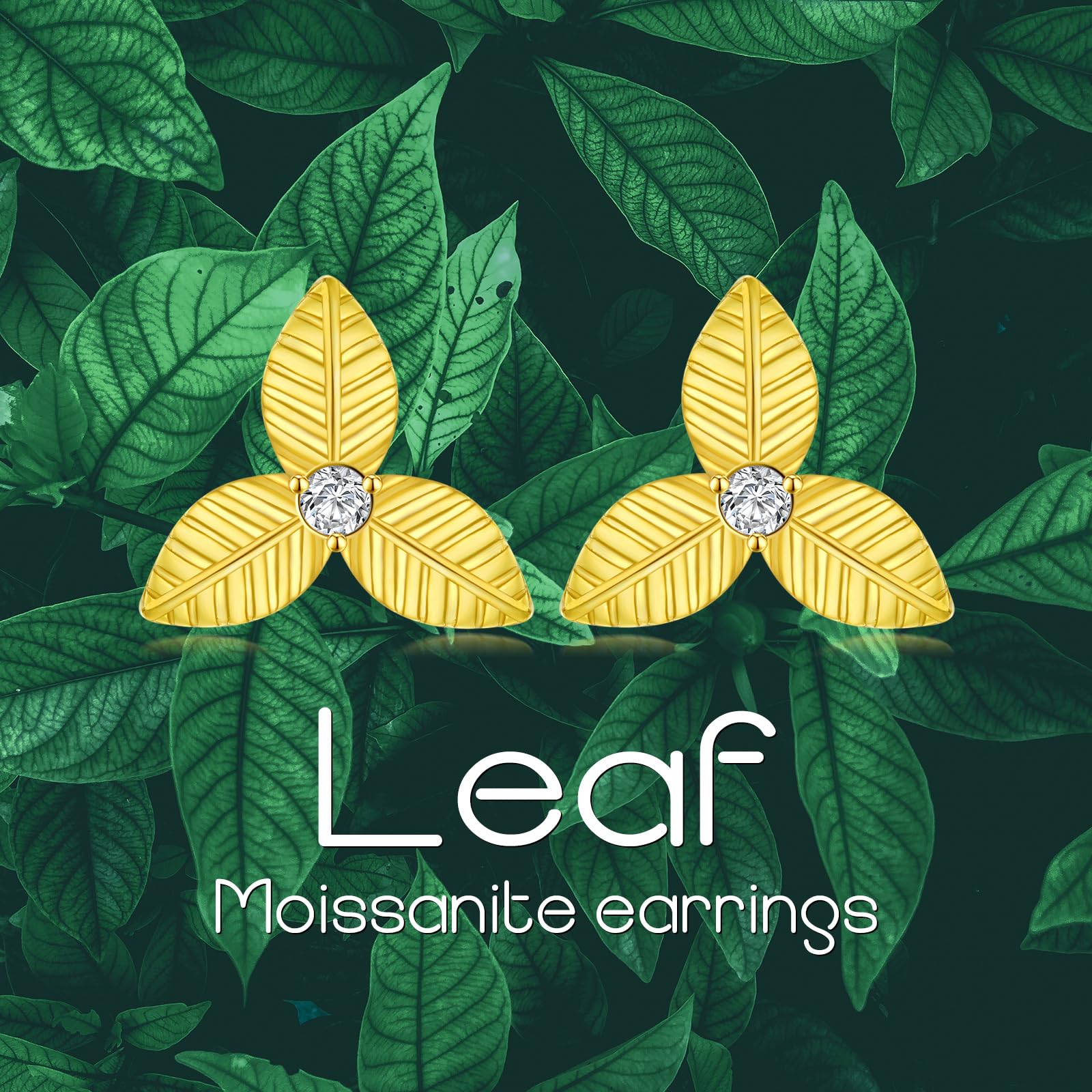Moissanite Leaf Stud Earrings for Women - 925 Sterling Silver Gold Plated Three Leaf Earring Set with Genuine Moissanite | Perfect for Everyday Wear, Gift Giving & Special Occasions