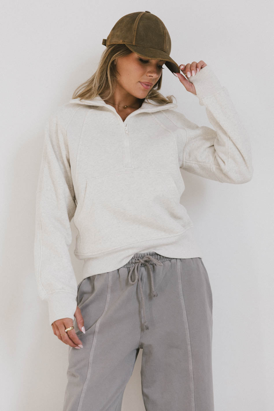 Krista Half Zip Sweatshirt in Bone - Women's Casual Pullover Fleece Top for Fall & Winter | Cozy Loungewear, Outdoor Activities & Layering
