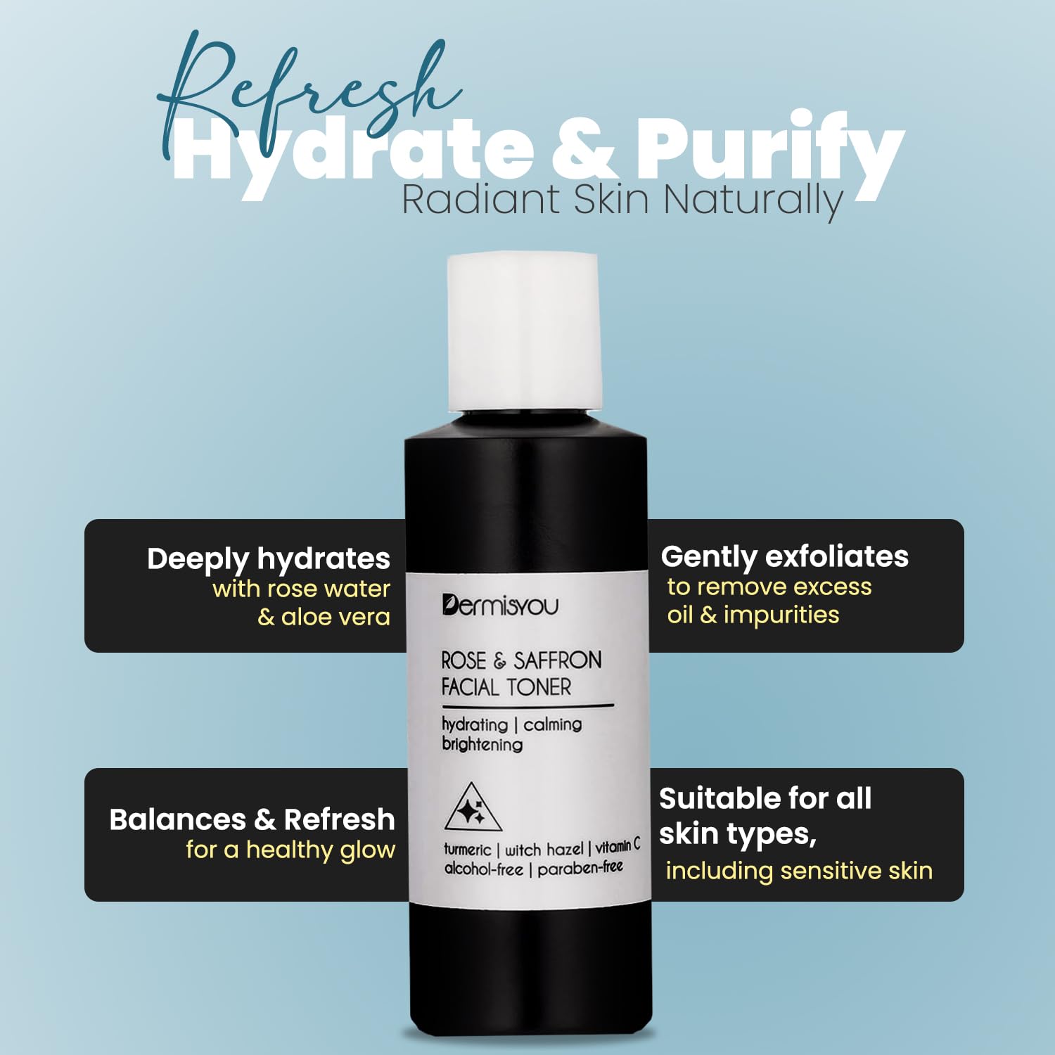 Saffron & Rose Water Facial Toner - Alcohol-Free Hydrating & Brightening Toner for Acne-Prone Skin | Deep Cleansing Pores, Removes Dirt & Oil | Calming Formula for Refreshed Complexion | 4 oz | Perfect for Daily Skincare Routine & Post-Workout Refreshment
