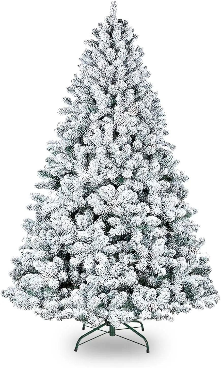 6.5 ft Pre-Lit Snow Flocked Artificial Christmas Tree with Pine Cones & Metal Stand - Hinged Branches for Easy Setup - Perfect for Living Room, Office, or Holiday Decorations