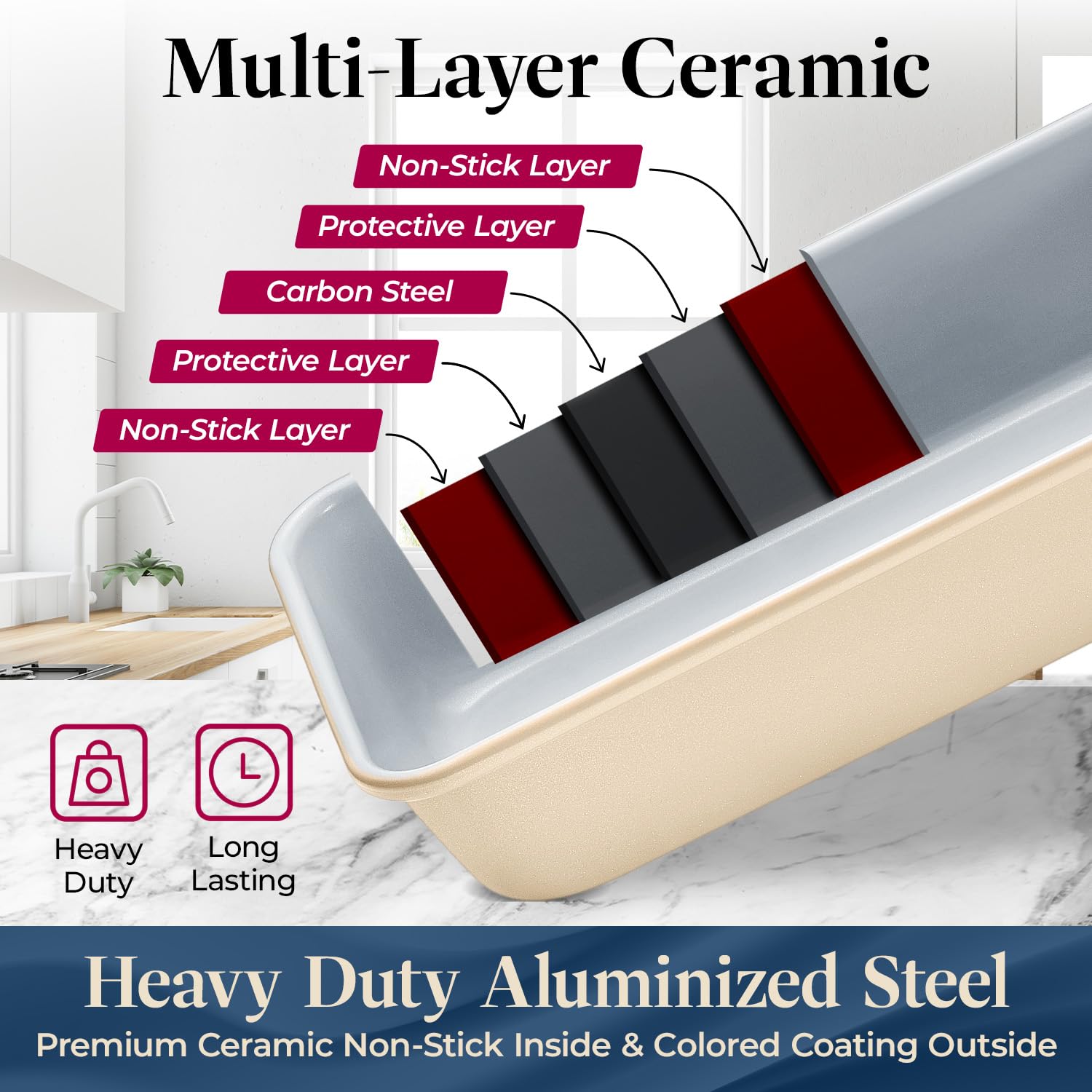 Bakken 8-Piece Stackable Bakeware Set - Non-Stick Ceramic Baking Sheets & Pans, PTFE/PFOA/PFOS Free - Oven Safe, Ergonomic Handles with Cooling Rack for Healthy Baking - Perfect for Cookies, Cakes, Bread & Party Desserts