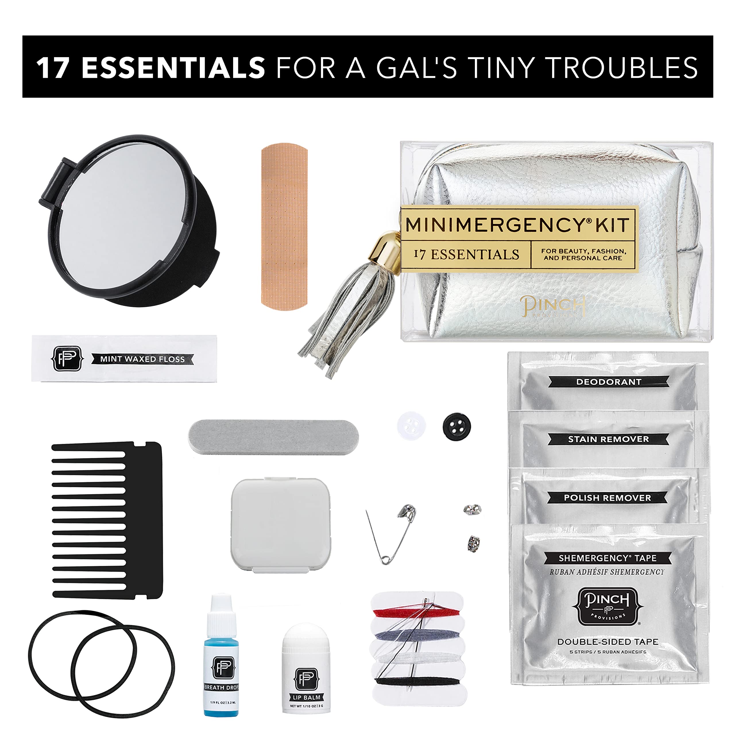 Metallic Minimergency Kit with 17 Travel-Sized Cosmetic Essentials | Compact Beauty Emergency Kit for Women | Perfect for Purse, Travel, Office & On-the-Go Touch-Ups | Great Holiday & Birthday Gift Idea (Silver)