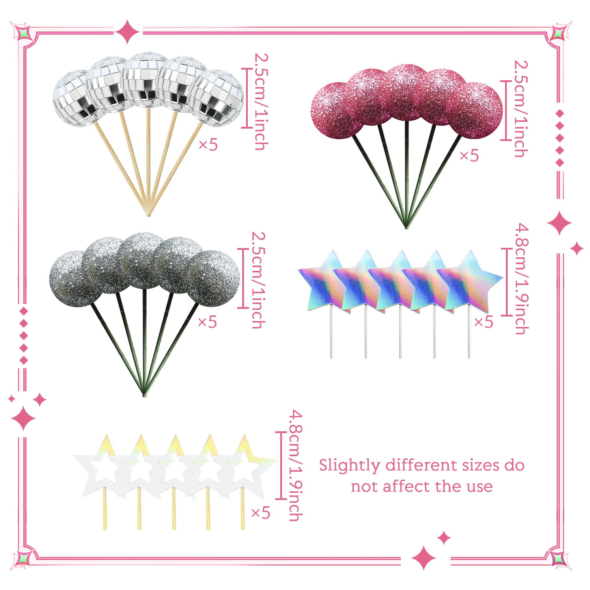 JeVenis Pink Disco Ball Cake Topper - 80s Themed Dancing Queen Cake Decorations with Silver Balls | Perfect for Birthday Parties, Bachelorette Cakes & Retro Celebrations