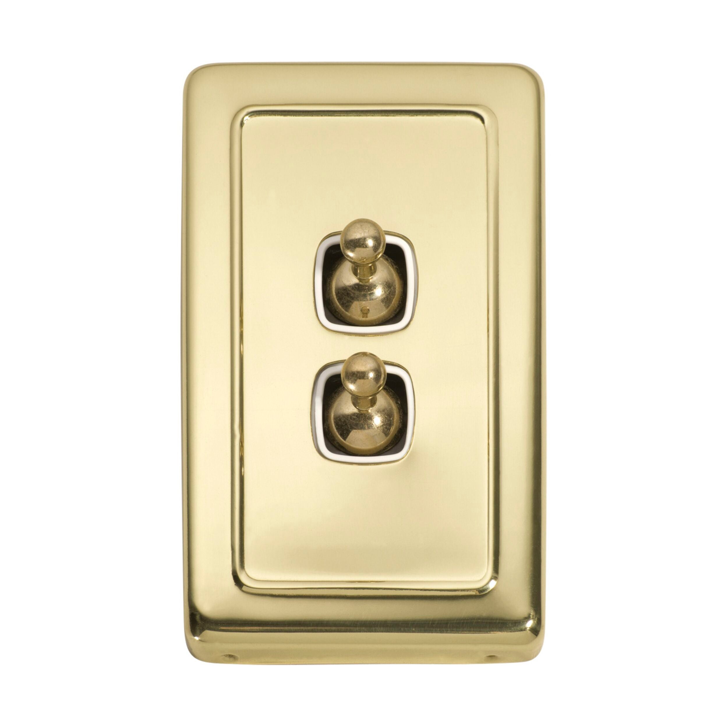 2 Gang Toggle Switch Flat Plate in White & Polished Brass - 115mm x 72mm (HxW) - Perfect for Home Renovation & Smart Lighting Control