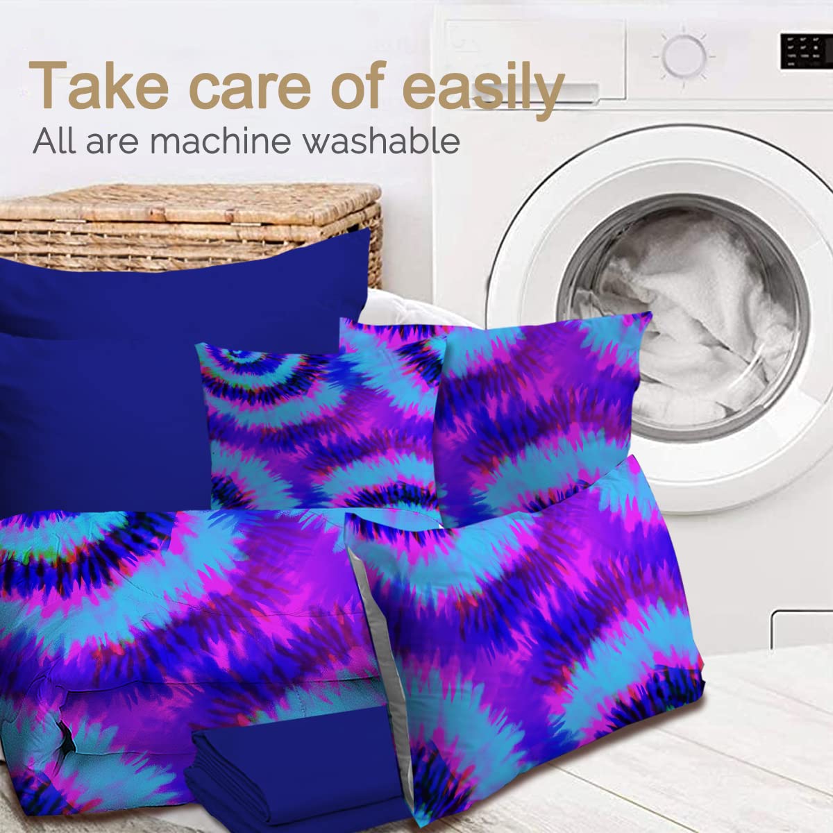 BlessLiving Artsy Tie Dye 8-Piece Queen Comforter Set - Purple Pink Blue Boho Bedding with Comforter, Sheets, Pillowcases, Shams & Cushion Cover | Perfect for Teen Girls' Rooms, Dorm Decor & Bohemian Bedroom Style
