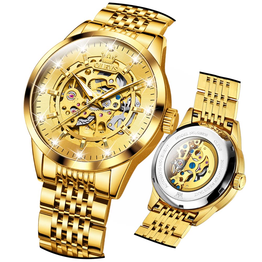OLEVS Automatic Skeleton Watches for Men - Luxury Mechanical Gold Wristwatch with Diamond Accents, Stainless Steel Case, Waterproof & Luminous - Perfect for Business, Formal Events & Everyday Wear