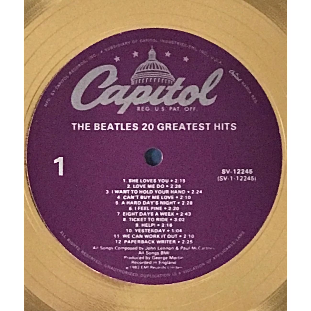 The Beatles 20 Greatest Hits RIAA Gold Album Award - Classic Vinyl Record for Collectors & Music Lovers - Perfect for Home Decor, Gifts & Music Enthusiasts