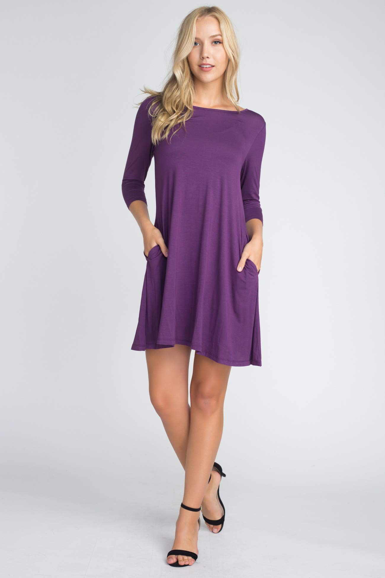 YELETE Women's 3/4 Sleeve Flowy Swing Dress with Pockets - Casual Summer Dress for Beach, Vacation & Everyday Wear